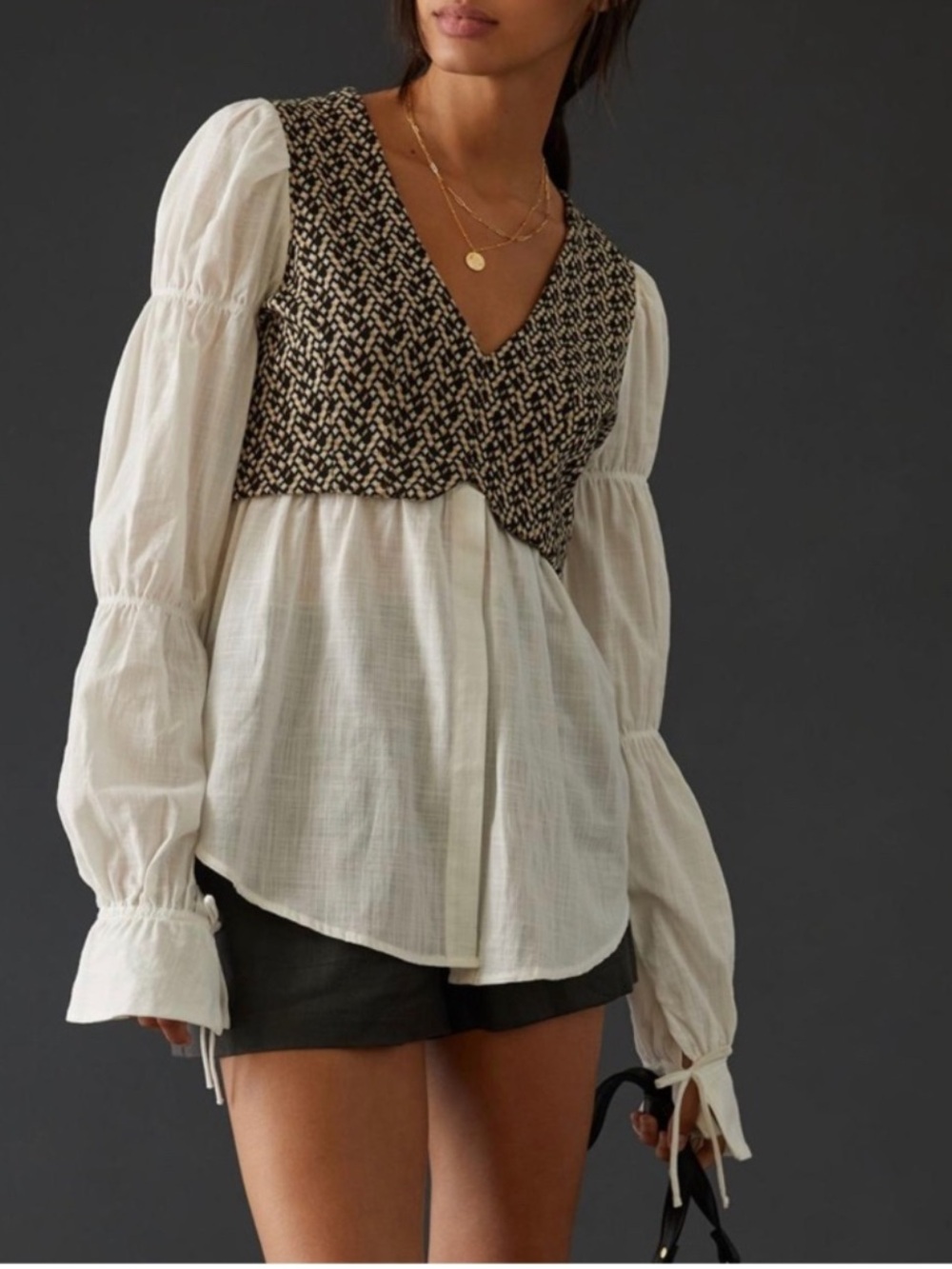 Anthropologie Black Knit V-Neck Overlay Blouse with White Woven Sleeves